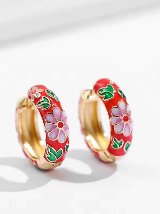 Anthropologie Jewelry - Red Enamel Hoop Earrings with Pink Floral Accents